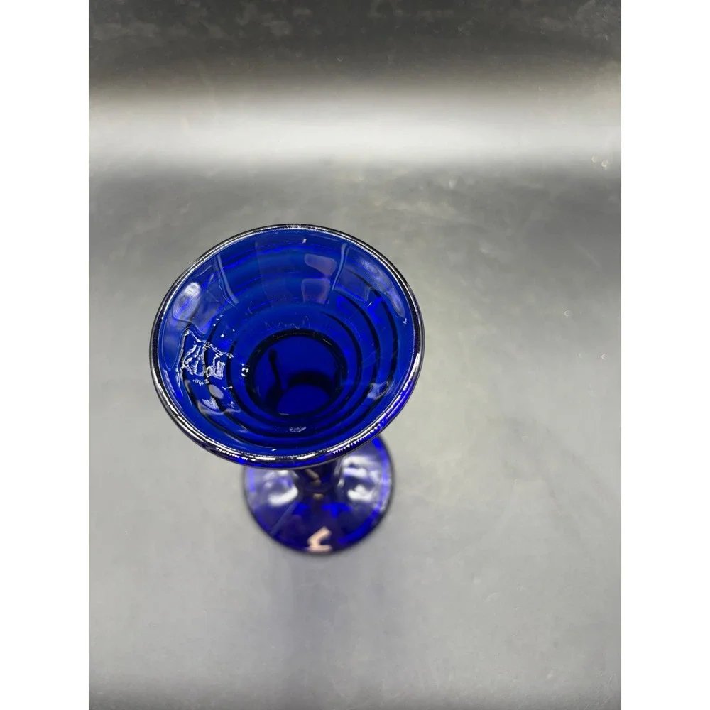 Vintage Cobalt Blue Glass Candlestick Holder Ribbed Base Pillar Stand 6.75in